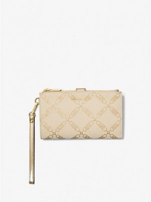 Michael Kors Adele Metallic Empire Logo Jacquard Smartphone Cüzdan Kadın Altın Bej Rengi | 089314-GLE