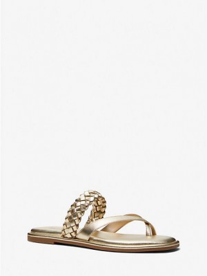 Michael Kors Alba Braided Metallic Faux Deri Terlik Sandalet Kadın Altın | 256143-QZD