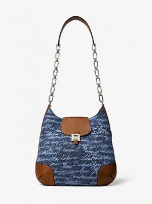 Michael Kors Bancroft Oversized Signature Print Denim Omuz Çantası Kadın Mavi | 719624-CLV