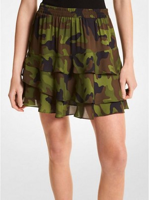 Michael Kors Camouflage Silk Georgette Ruffled Etek Kadın Zeytin Yeşili | 136487-IED