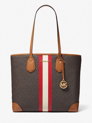 Michael Kors Eva Large Signature Logo Stripe Tote Çanta Kadın Açık Kırmızı | 234965-GDZ