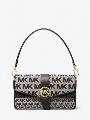 Michael Kors Greenwich Medium Logo Jacquard Omuz Çantası Kadın Bej Rengi Siyah | 628174-NAS