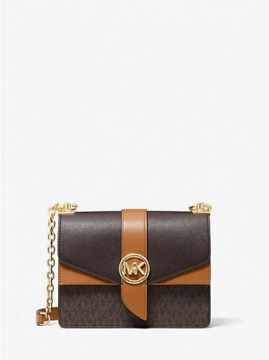 Michael Kors Greenwich Small Color-block Logo And Saffiano Deri Çapraz Askılı Çanta Kadın Kahverengi | 738416-YWL