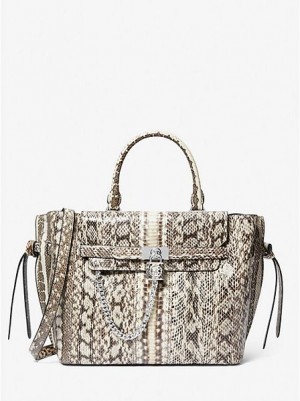 Michael Kors Hamilton Legacy Large Snakeskin Belted Satchel Çanta Kadın Bej Rengi | 290583-IWR