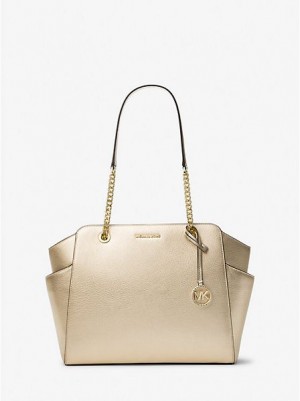 Michael Kors Jacquelyn Medium Metallic Pebbled Deri Tote Çanta Kadın Altın | 802761-HRG