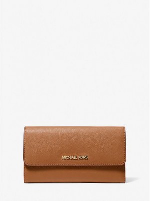 Michael Kors Jet Set Travel Crossgrain Deri Tri-fold Cüzdan Kadın Kahverengi | 401739-IEF