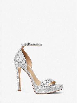 Michael Kors Jordyn Embellished Glitter Chain Mesh Platform Sandalet Kadın Gümüş | 718253-FVW