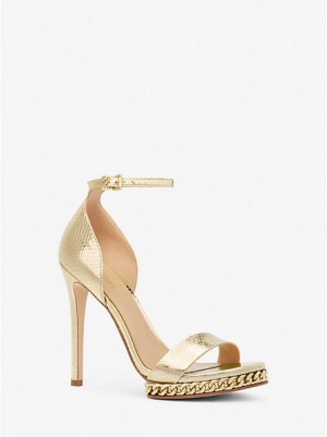 Michael Kors Jordyn Embellished Metallic Snake Embossed Deri Platform Sandalet Kadın Altın | 485126-AOR