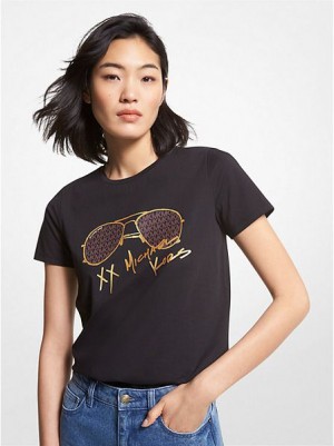 Michael Kors Logo Aviator Print Organic Pamuklu Tişört Kadın Siyah | 280695-ALV