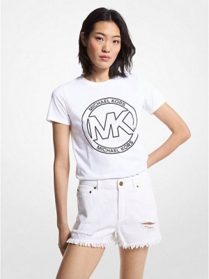 Michael Kors Logo Charm Print Organic Pamuklu Tişört Kadın Beyaz | 296481-BKF