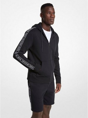 Michael Kors Logo Tape Pamuklu Blend Zip-up Kapüşonlu Sweatshirt Erkek Siyah | 841937-URA