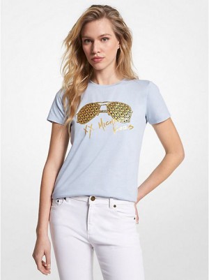 Michael Kors Metallic Logo Aviator Print Organic Pamuklu Tişört Kadın Mavi Altın | 049367-DFV