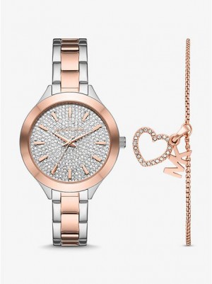 Michael Kors Pave And Heart Bracelet Set Saat Kadın Gümüş Pembe | 685927-ODE