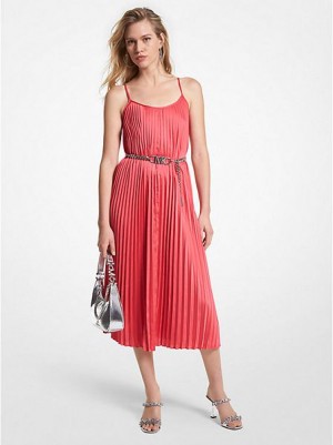 Michael Kors Pileli Satin Belted Slip Elbise Kadın Pembe | 985107-SKC