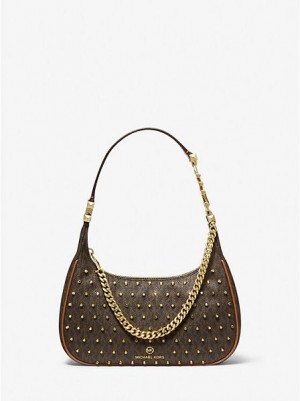 Michael Kors Piper Small Studded Logo Omuz Çantası Kadın Kahverengi | 602971-UHV