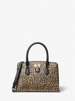 Michael Kors Ruby Small Leopard Print Calf Hair Satchel Çanta Kadın Siyah | 029846-SBE