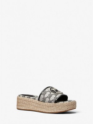 Michael Kors Sadler Logo Jacquard And Jute Platform Sandalet Kadın Bej Rengi Siyah | 901354-BRE