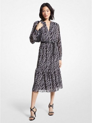 Michael Kors Status Print Georgette Midi Elbise Kadın Siyah | 253690-SXO