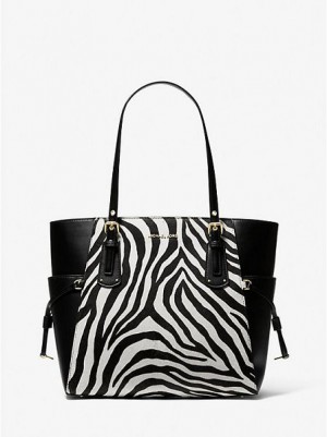 Michael Kors Voyager Small Zebra Printed Calf Hair Tote Çanta Kadın Siyah | 938240-UCK