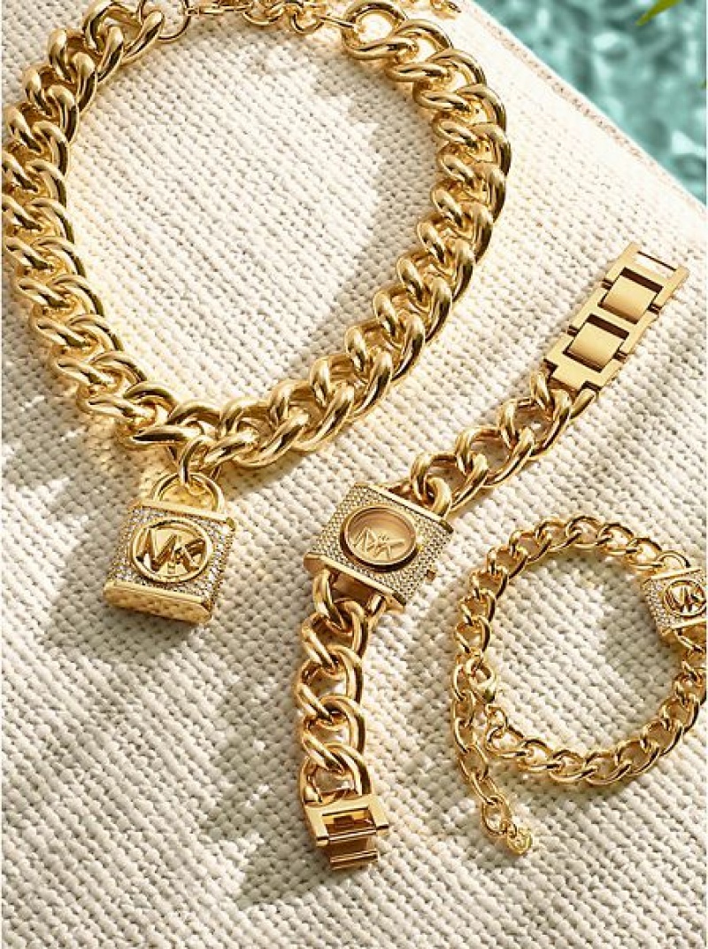 Michael Kors 14k Gold-plated Brass Pave Lock Curb Link Bileklik Kadın Altın | 827560-JQF