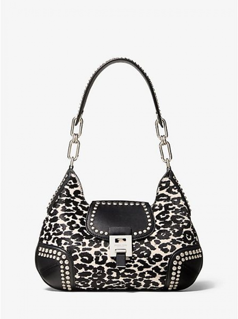 Michael Kors Bancroft Medium Leopard Calf Hair And Studded Deri Omuz Çantası Kadın Beyaz | 561234-WNB