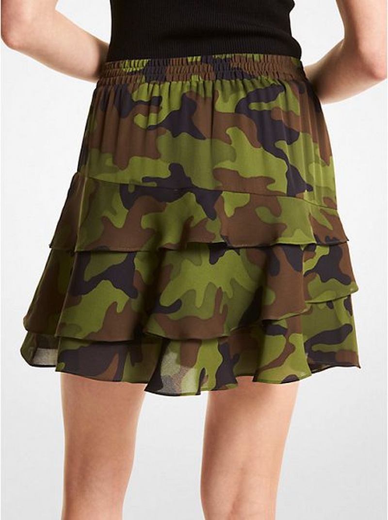 Michael Kors Camouflage Silk Georgette Ruffled Etek Kadın Zeytin Yeşili | 136487-IED