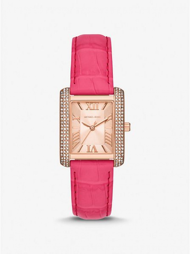 Michael Kors Emery Pave And Crocodile Embossed Deri Saat Kadın Pembe Altın | 174203-DRZ