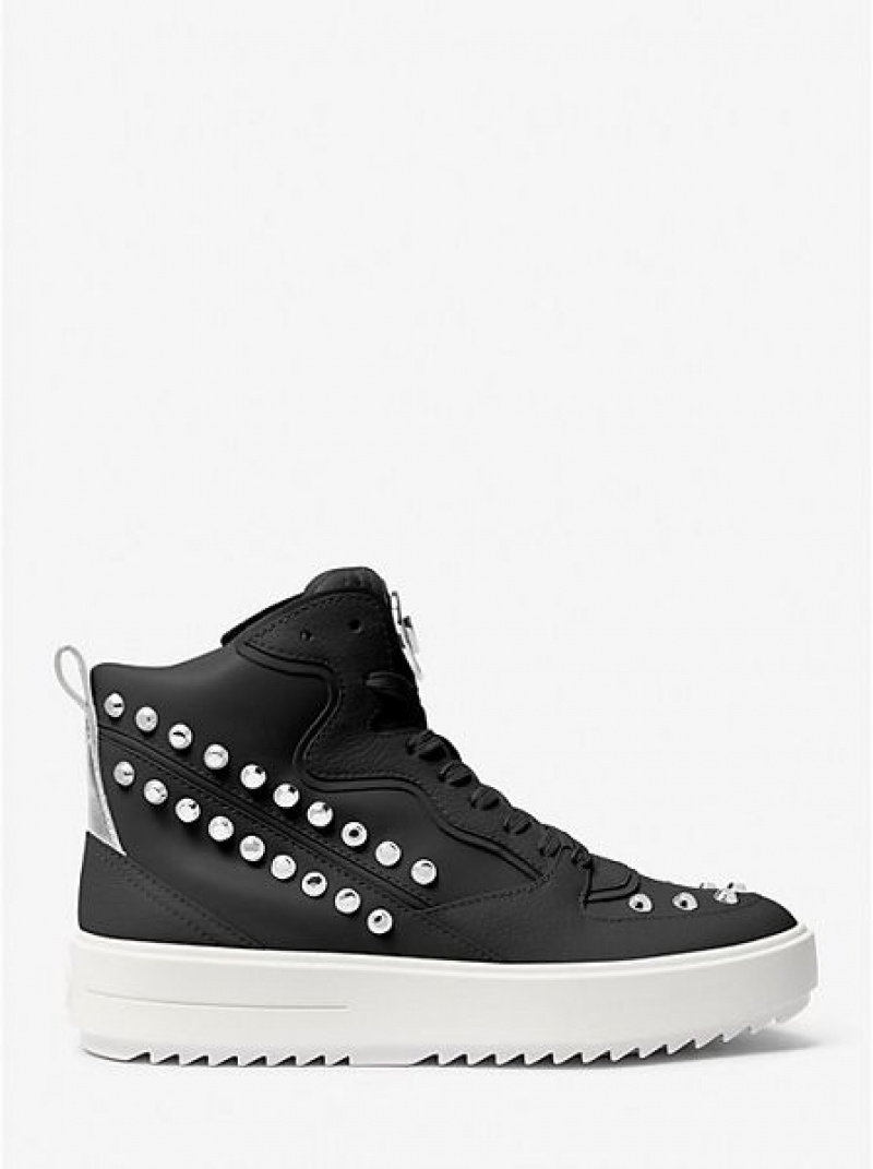 Michael Kors Emmett Studded Stripe Deri High Top Sneakers Kadın Siyah | 248607-UXE