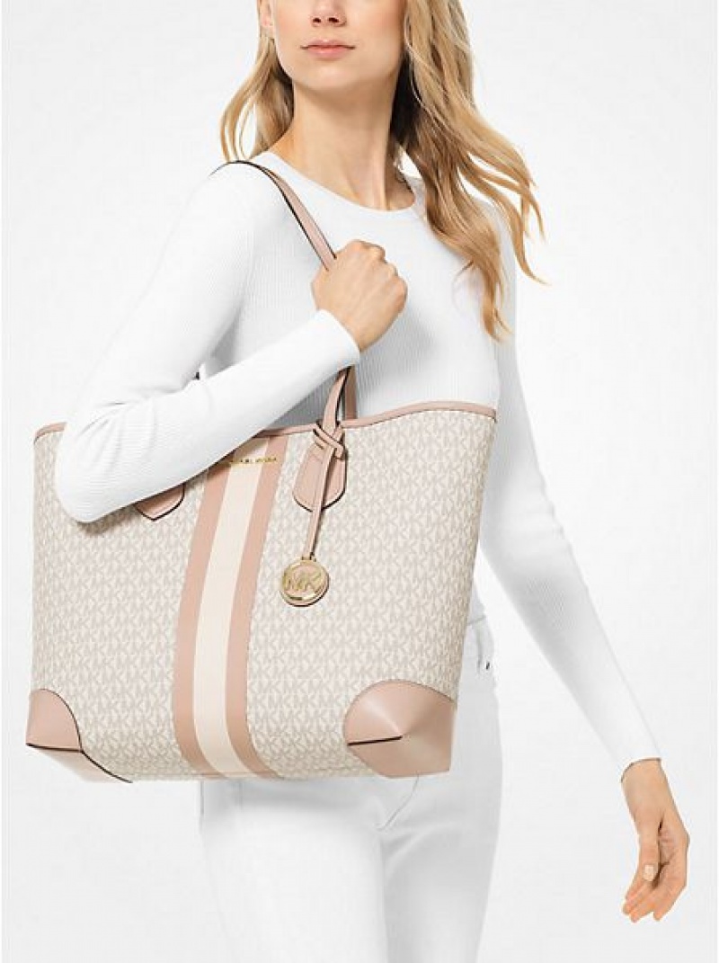 Michael Kors Eva Large Logo Stripe Tote Çanta Kadın Açık Sarı Pembe | 417823-EDU