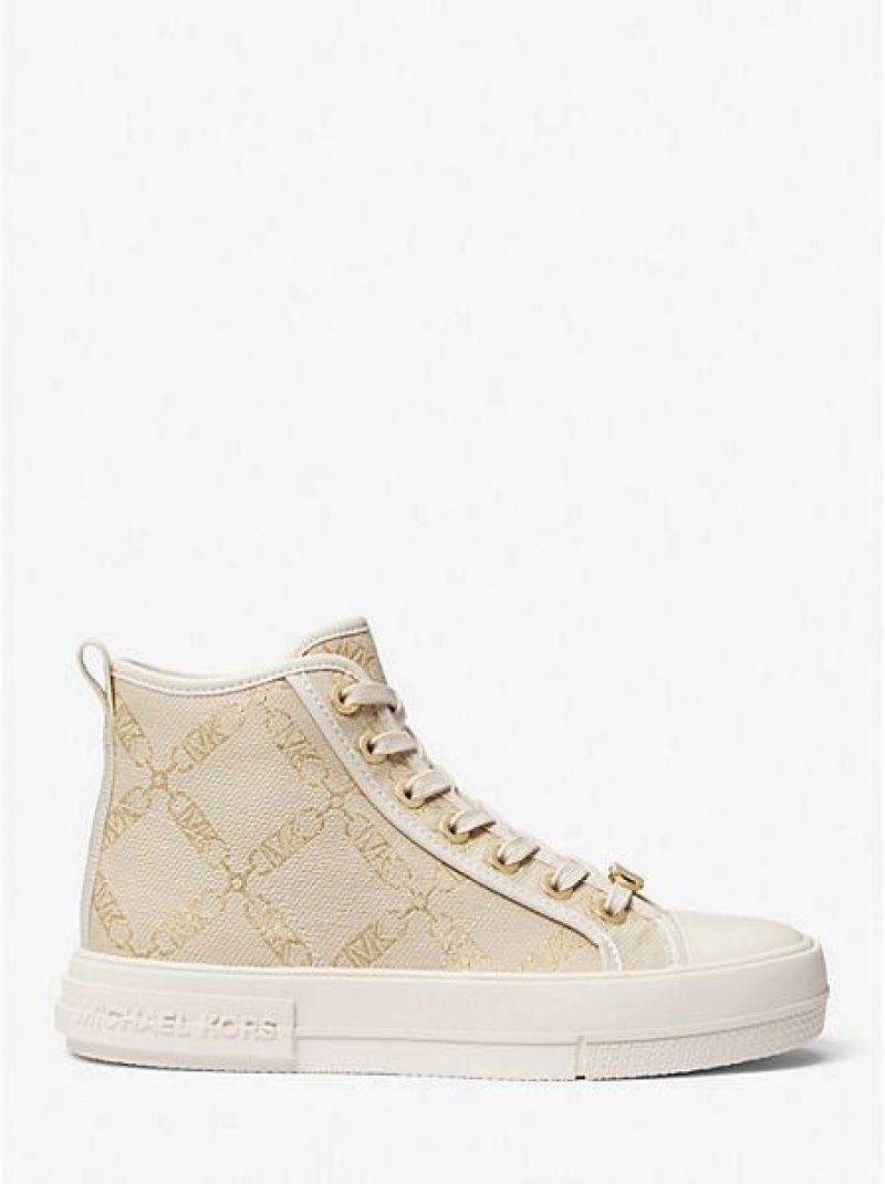 Michael Kors Evy Metallic Empire Logo Jacquard High Top Sneakers Kadın Altın Bej Rengi | 641087-ZWS