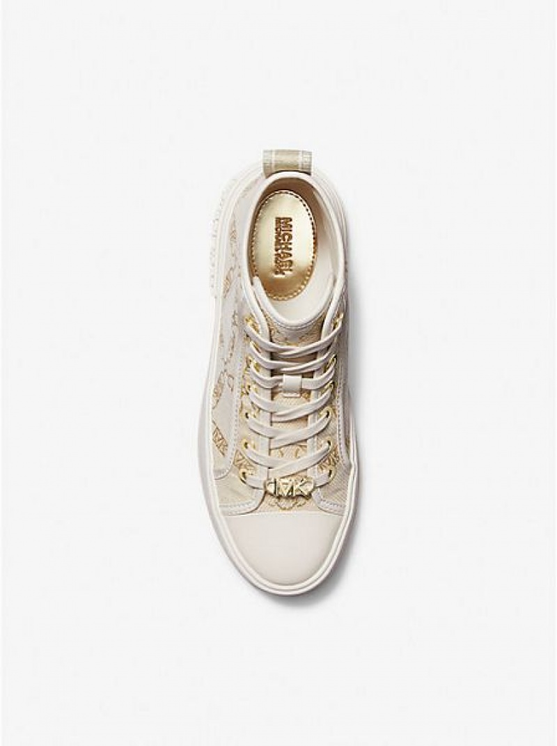 Michael Kors Evy Metallic Empire Logo Jacquard High Top Sneakers Kadın Altın Bej Rengi | 641087-ZWS