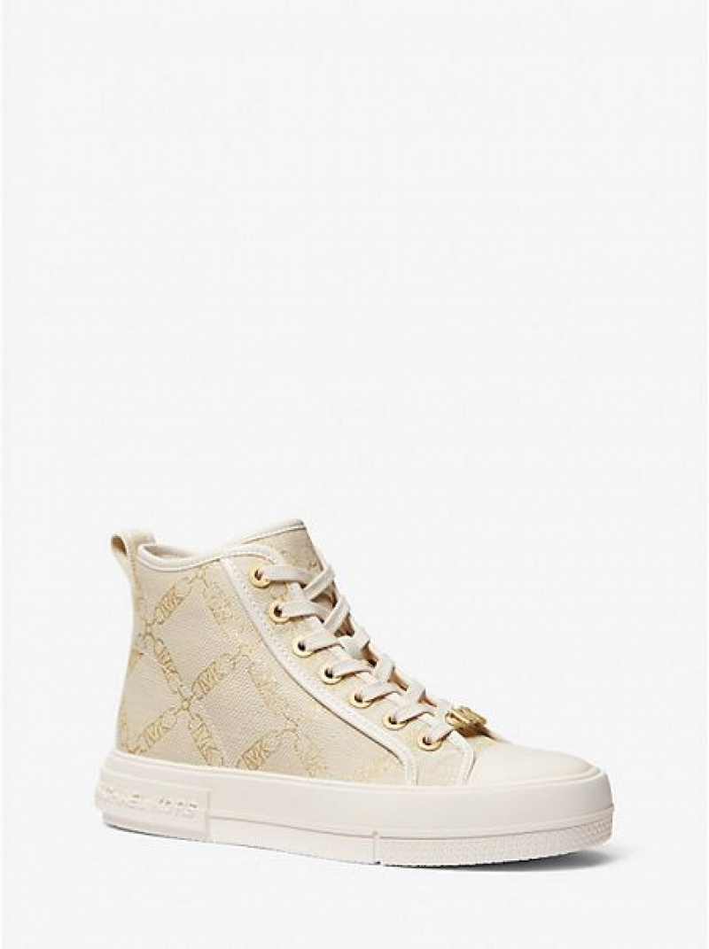 Michael Kors Evy Metallic Empire Logo Jacquard High Top Sneakers Kadın Altın Bej Rengi | 641087-ZWS