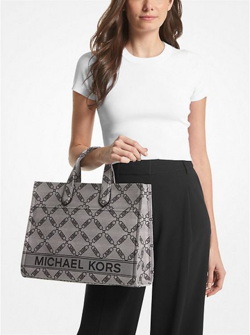 Michael Kors Gigi Large Empire Logo Jacquard Tote Çanta Kadın Bej Rengi Siyah | 784025-TCV