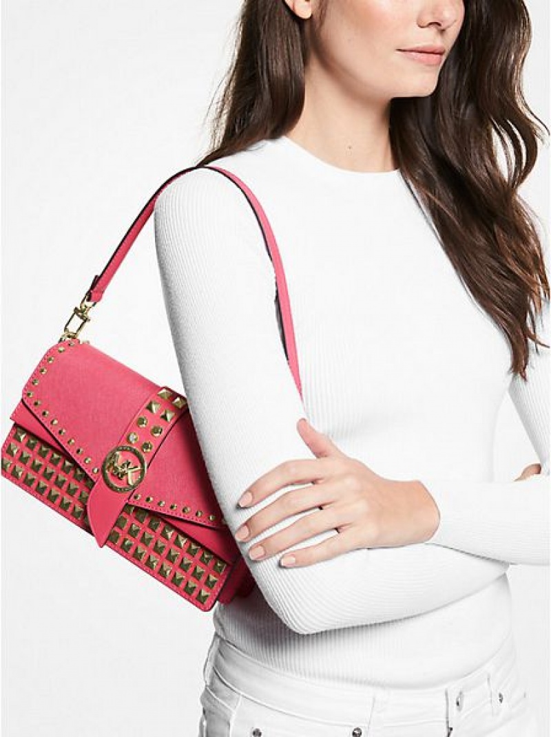 Michael Kors Greenwich Medium Studded Saffiano Deri Omuz Çantası Kadın Kırmızı | 250368-USF