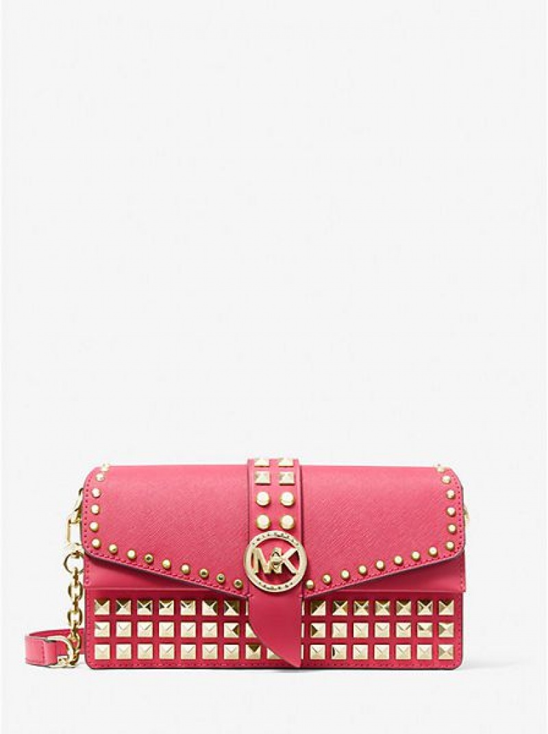 Michael Kors Greenwich Medium Studded Saffiano Deri Omuz Çantası Kadın Kırmızı | 250368-USF