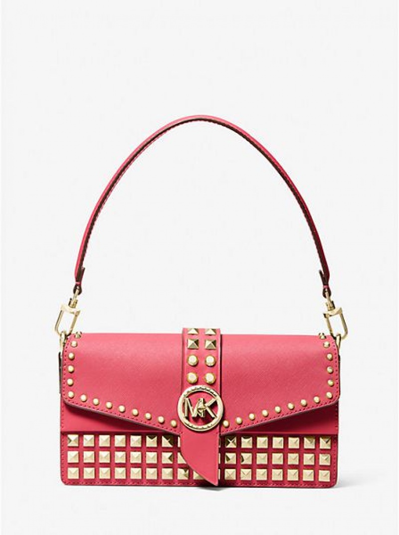 Michael Kors Greenwich Medium Studded Saffiano Deri Omuz Çantası Kadın Kırmızı | 250368-USF