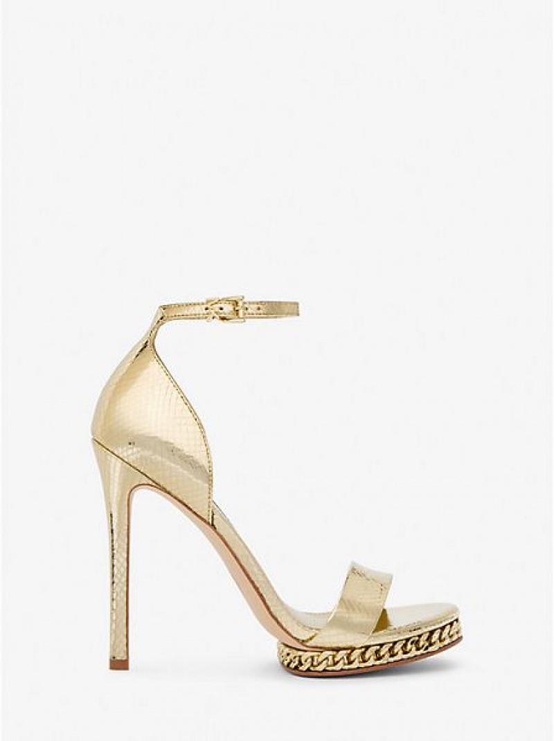 Michael Kors Jordyn Embellished Metallic Snake Embossed Deri Platform Sandalet Kadın Altın | 485126-AOR