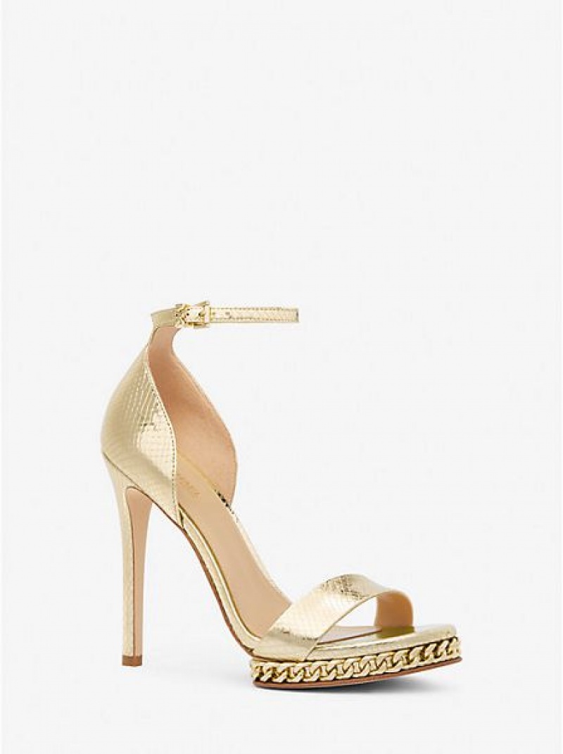 Michael Kors Jordyn Embellished Metallic Snake Embossed Deri Platform Sandalet Kadın Altın | 485126-AOR