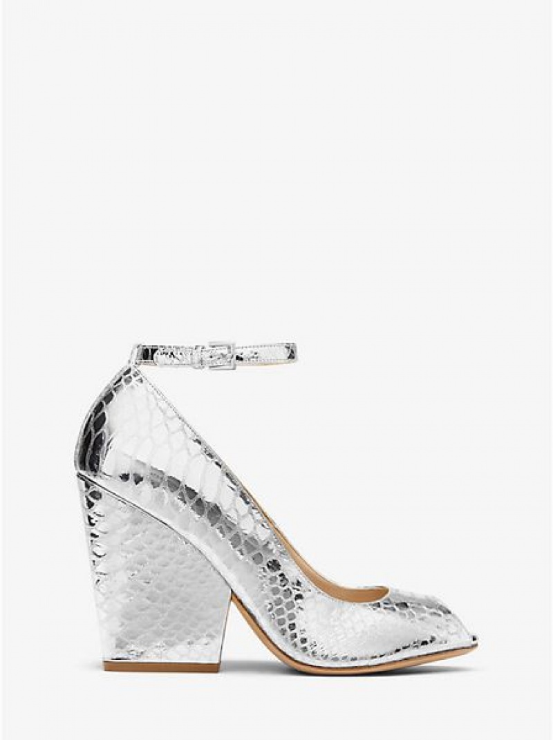 Michael Kors Julianne Metallic Python-embossed Deri Peep-toe Stiletto Kadın Gümüş | 450218-IHJ