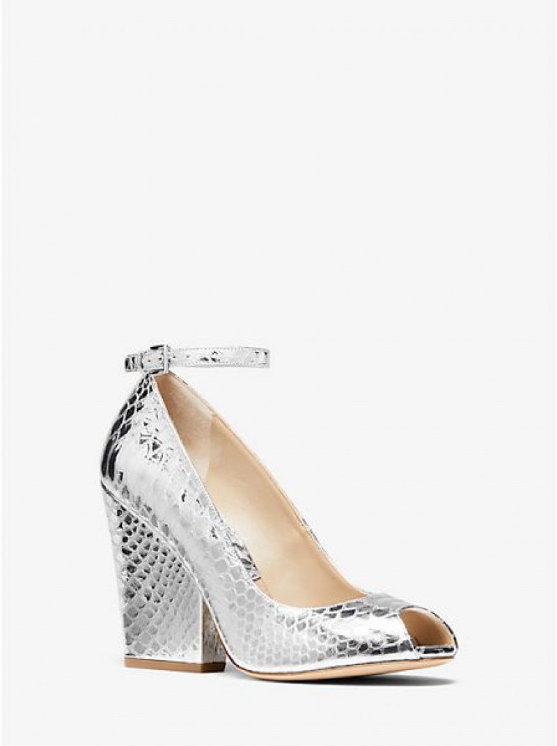 Michael Kors Julianne Metallic Python-embossed Deri Peep-toe Stiletto Kadın Gümüş | 450218-IHJ