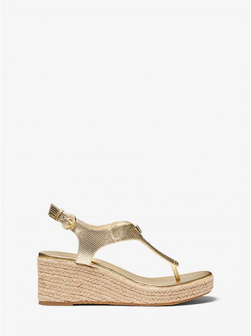 Michael Kors Laney Metallic Lizard-embossed Deri Espadril Platform Sandalet Kadın Altın | 124903-UPZ