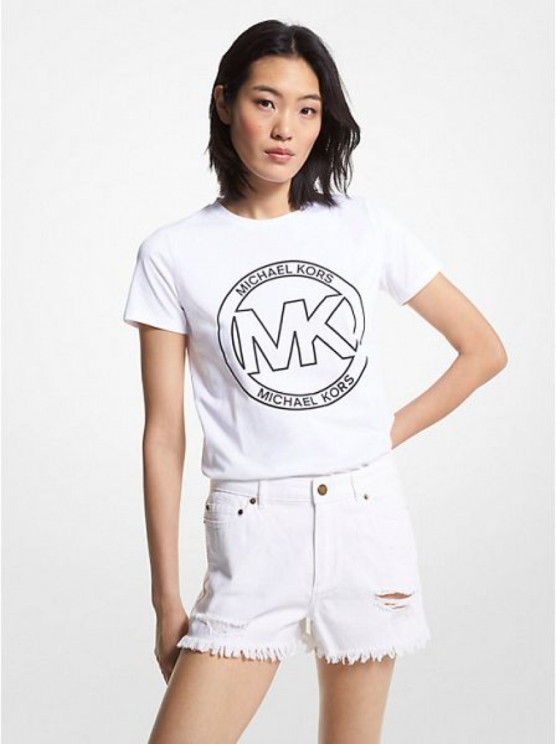 Michael Kors Logo Charm Print Organic Pamuklu Tişört Kadın Beyaz | 748921-DZF