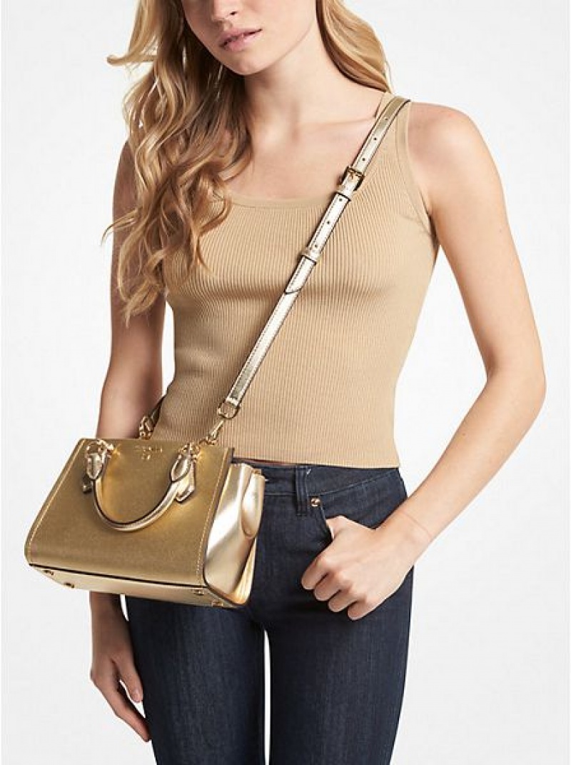 Michael Kors Marilyn Small Metallic Saffiano Deri Çapraz Askılı Çanta Kadın Altın | 641730-OWJ