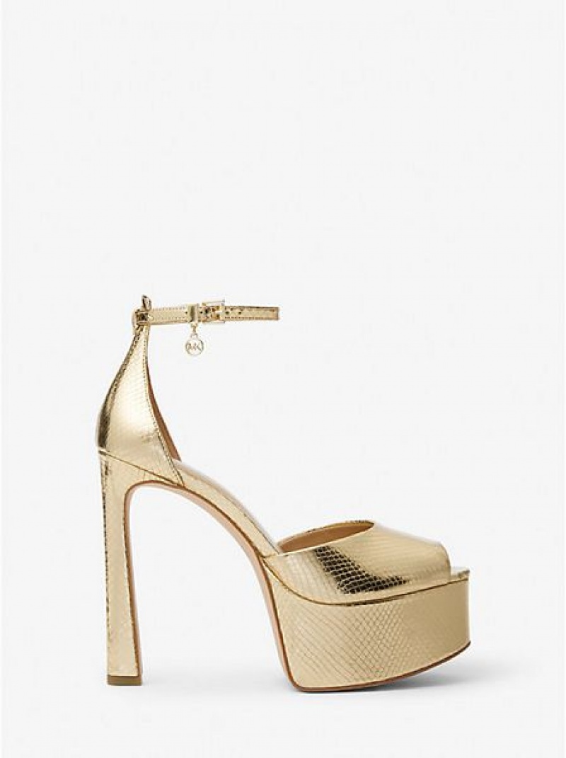 Michael Kors Martina Metallic Snake Embossed Deri Peep-toe Platform Stiletto Kadın Altın | 416039-SBZ