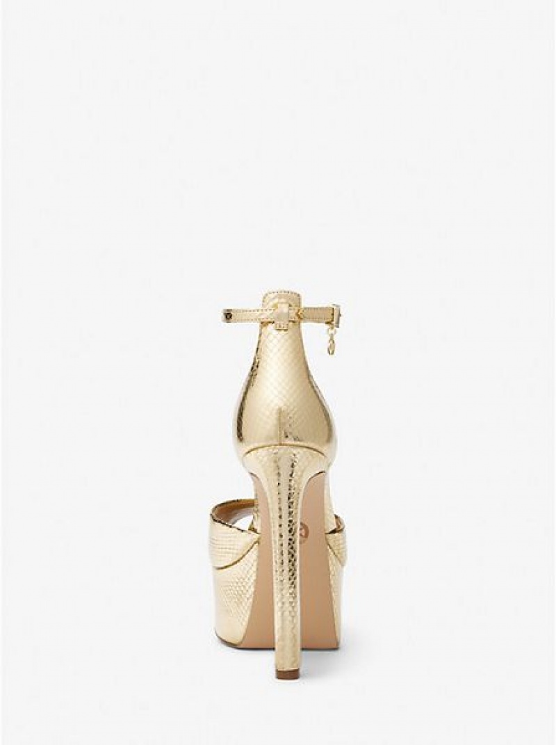 Michael Kors Martina Metallic Snake Embossed Deri Peep-toe Platform Stiletto Kadın Altın | 416039-SBZ