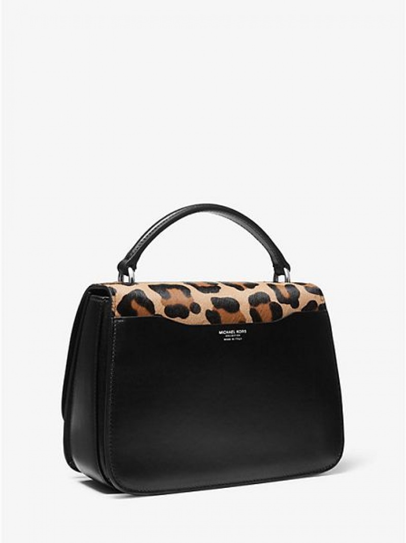 Michael Kors Mia Leopard Calf Hair Shoulder Satchel Çanta Kadın Siyah Kahverengi | 689542-HVN