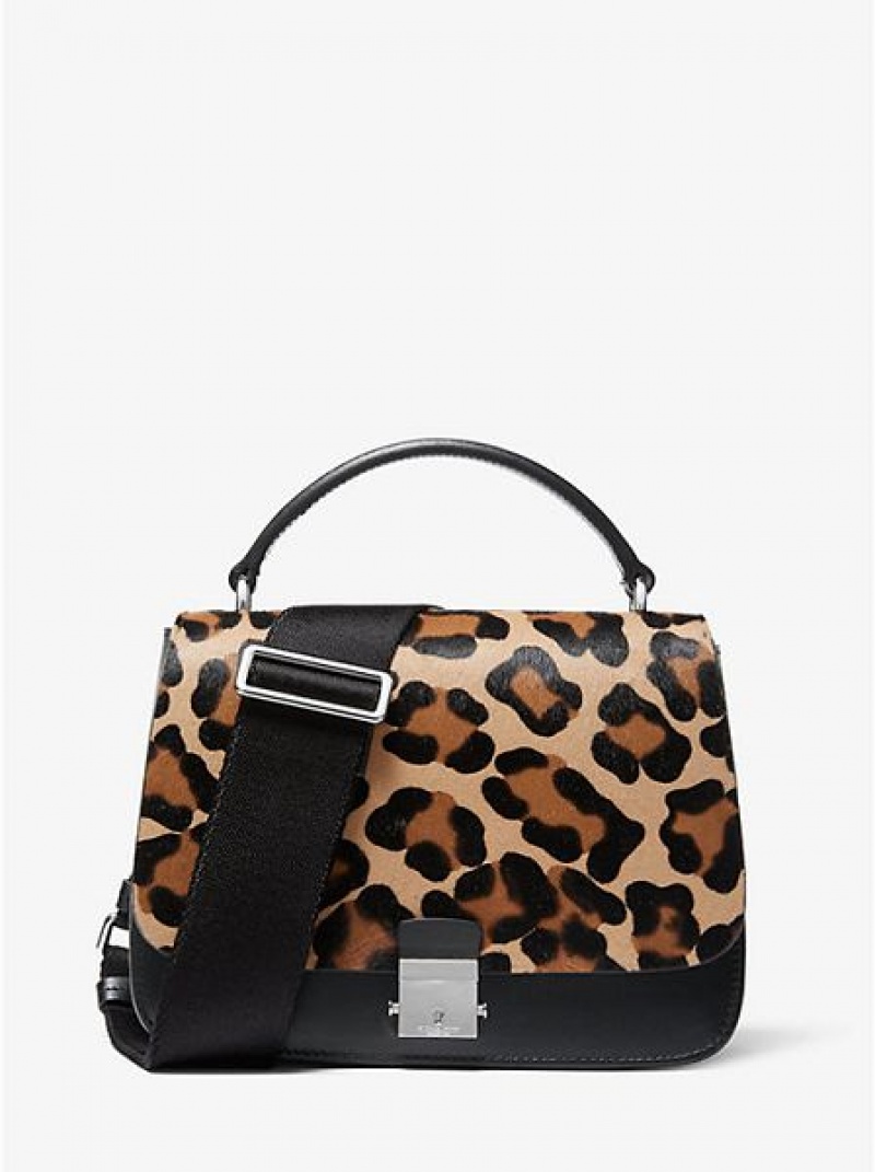 Michael Kors Mia Leopard Calf Hair Shoulder Satchel Çanta Kadın Siyah Kahverengi | 689542-HVN