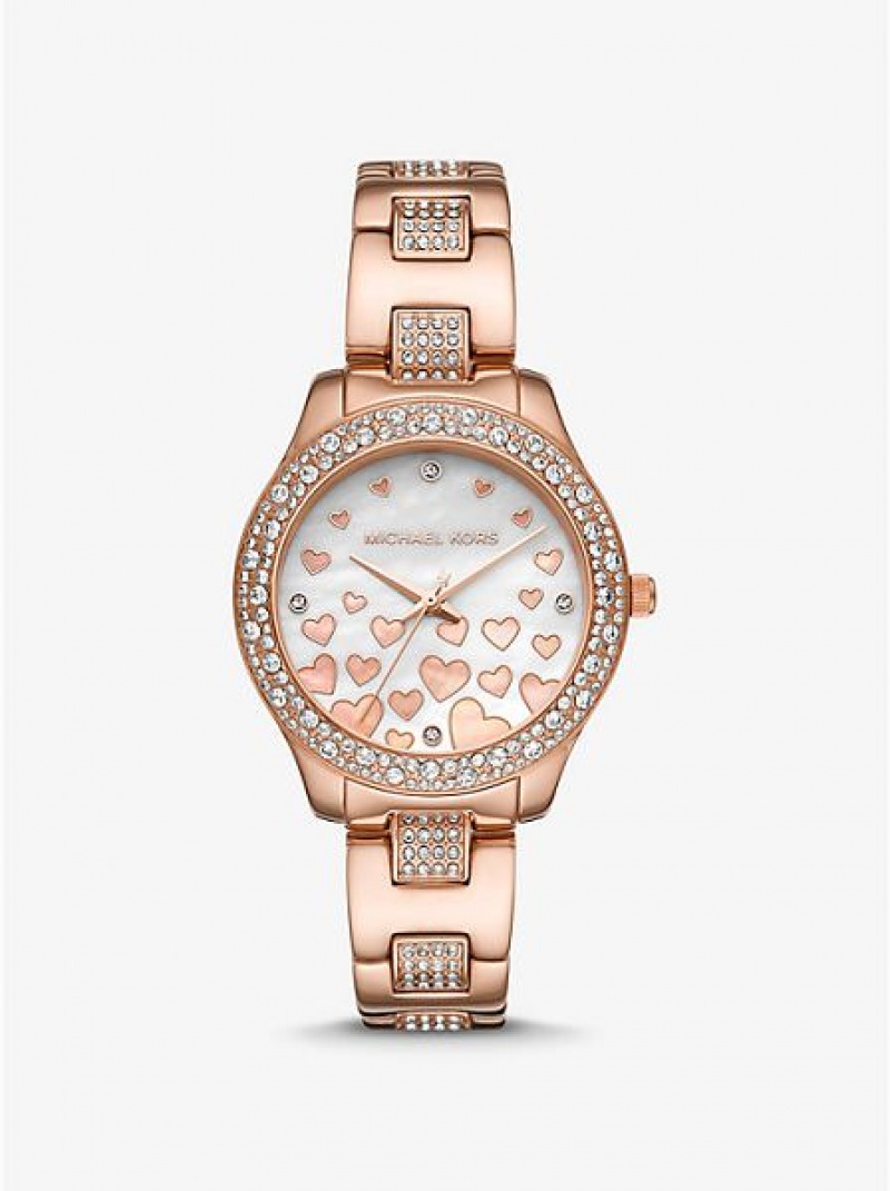 Michael Kors Mini Liliane Pave Heart Saat Kadın Pembe Altın | 351268-PQG