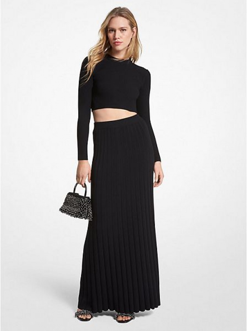 Michael Kors Nervürlü Stretch Knit Maxi Etek Kadın Siyah | 685147-HVG