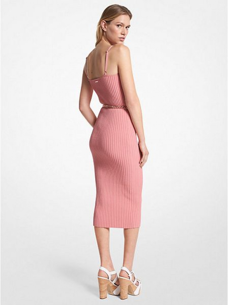 Michael Kors Nervürlü Stretch Viscose Belted Bustier Elbise Kadın Pembe | 453961-FSA